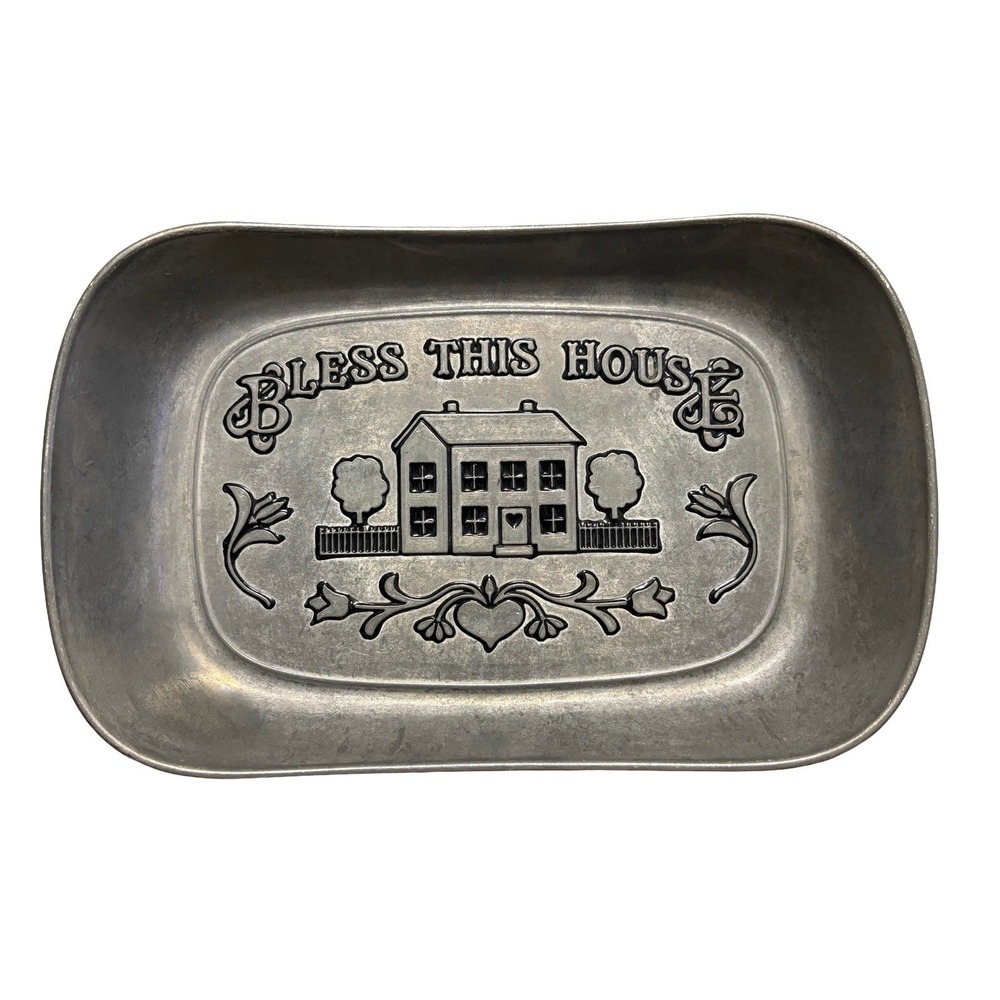Wilton Armetale Pewter Serving Platter "Bless This House" Grannycore Cottage MCM